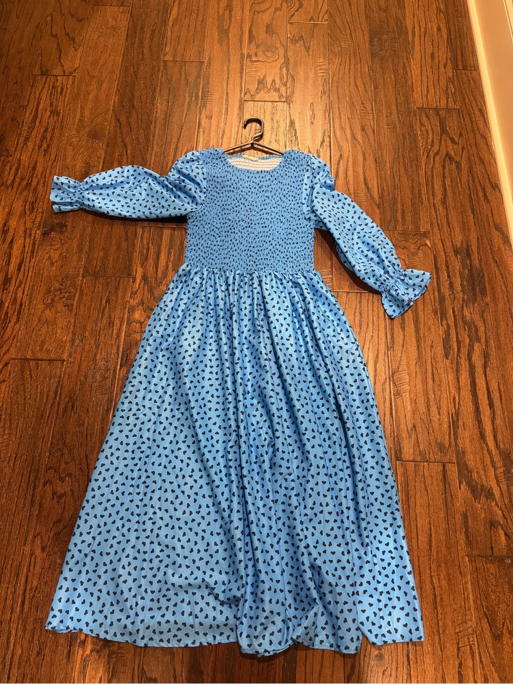 Sunday Blue Heart-Print Smocked Bodice Long Dress